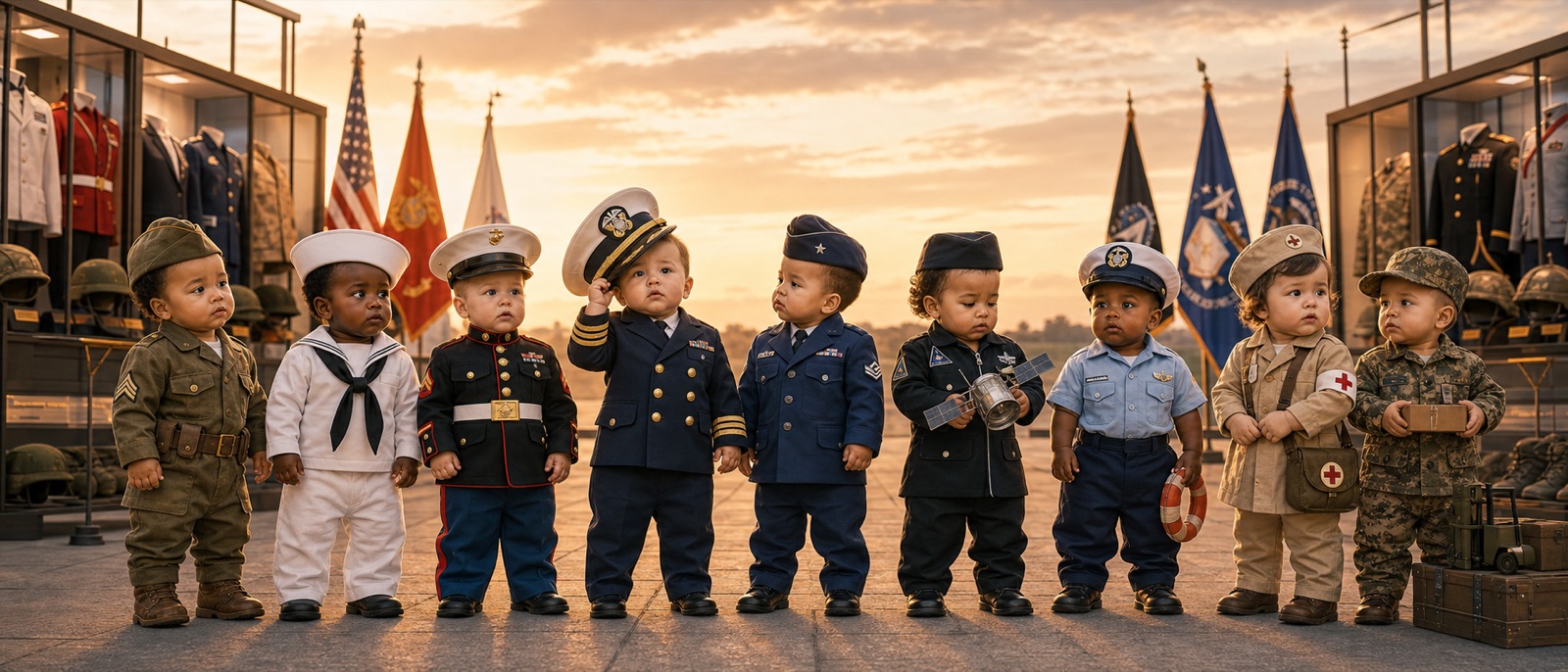 Baby service members representing United States military branches in a ceremonial lineup