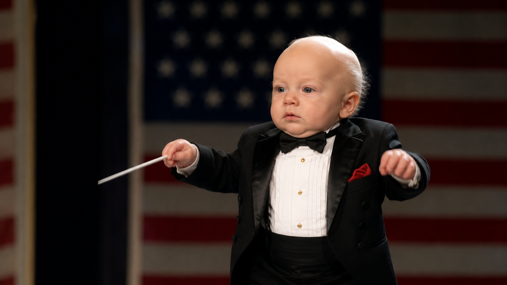 Baby conductor in front of the American flag