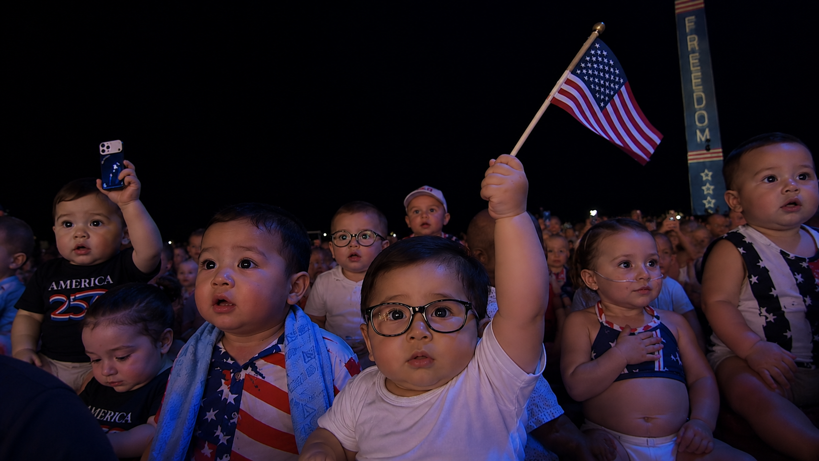 Babies in the crowd watching the celebration and waving an American flag