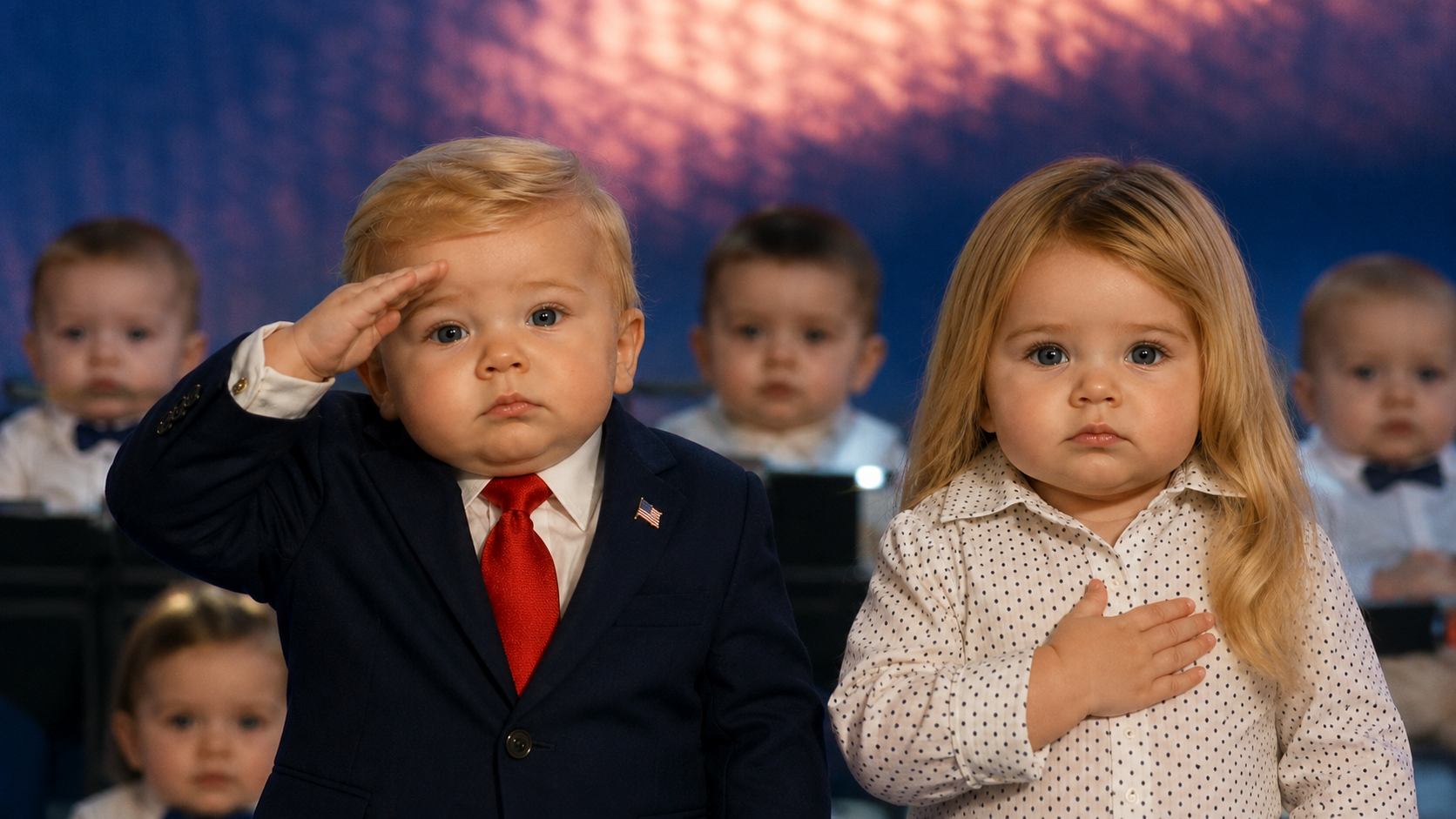 Baby Trump and baby companion saluting during the finale