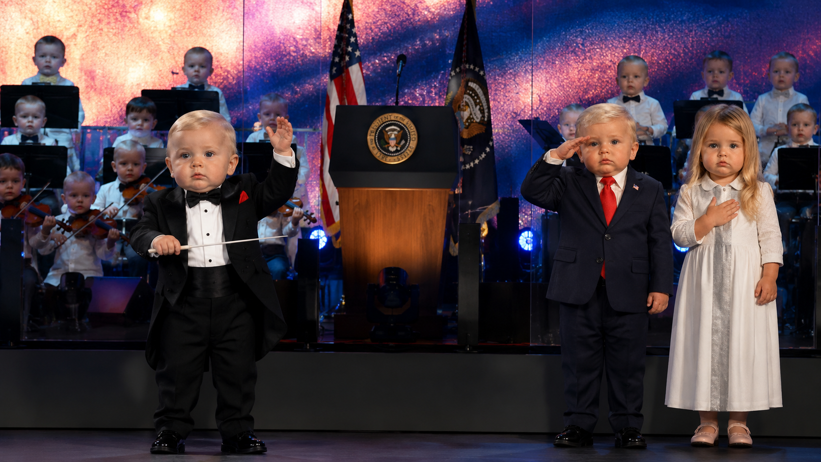 Baby conductor and baby dignitaries at the Washington DC 250th celebration stage