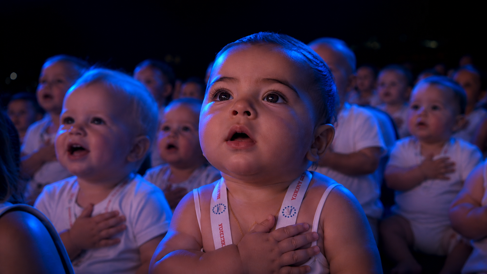 Babies watching the national anthem with hands over hearts