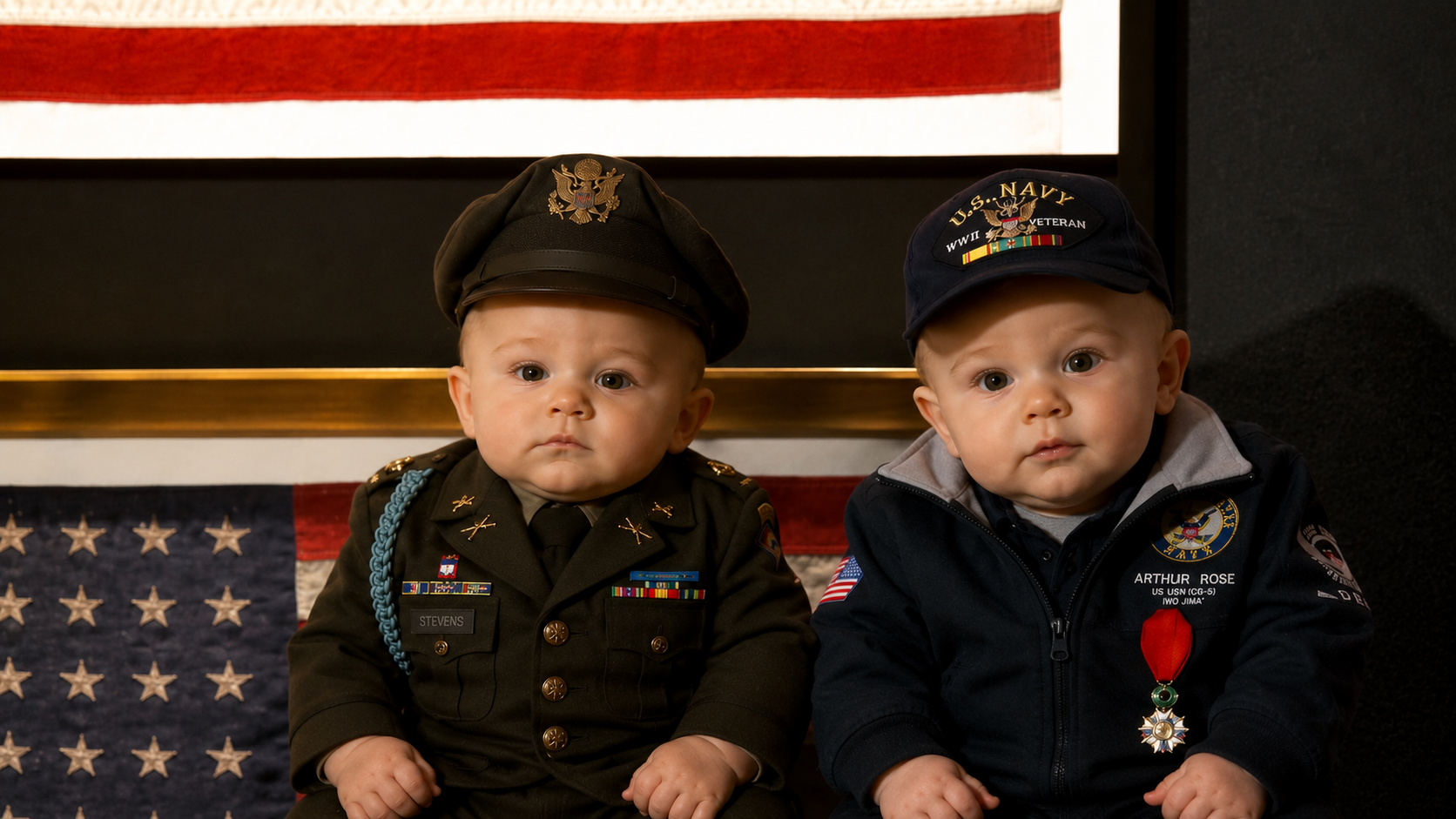 Baby veterans posed before an American flag