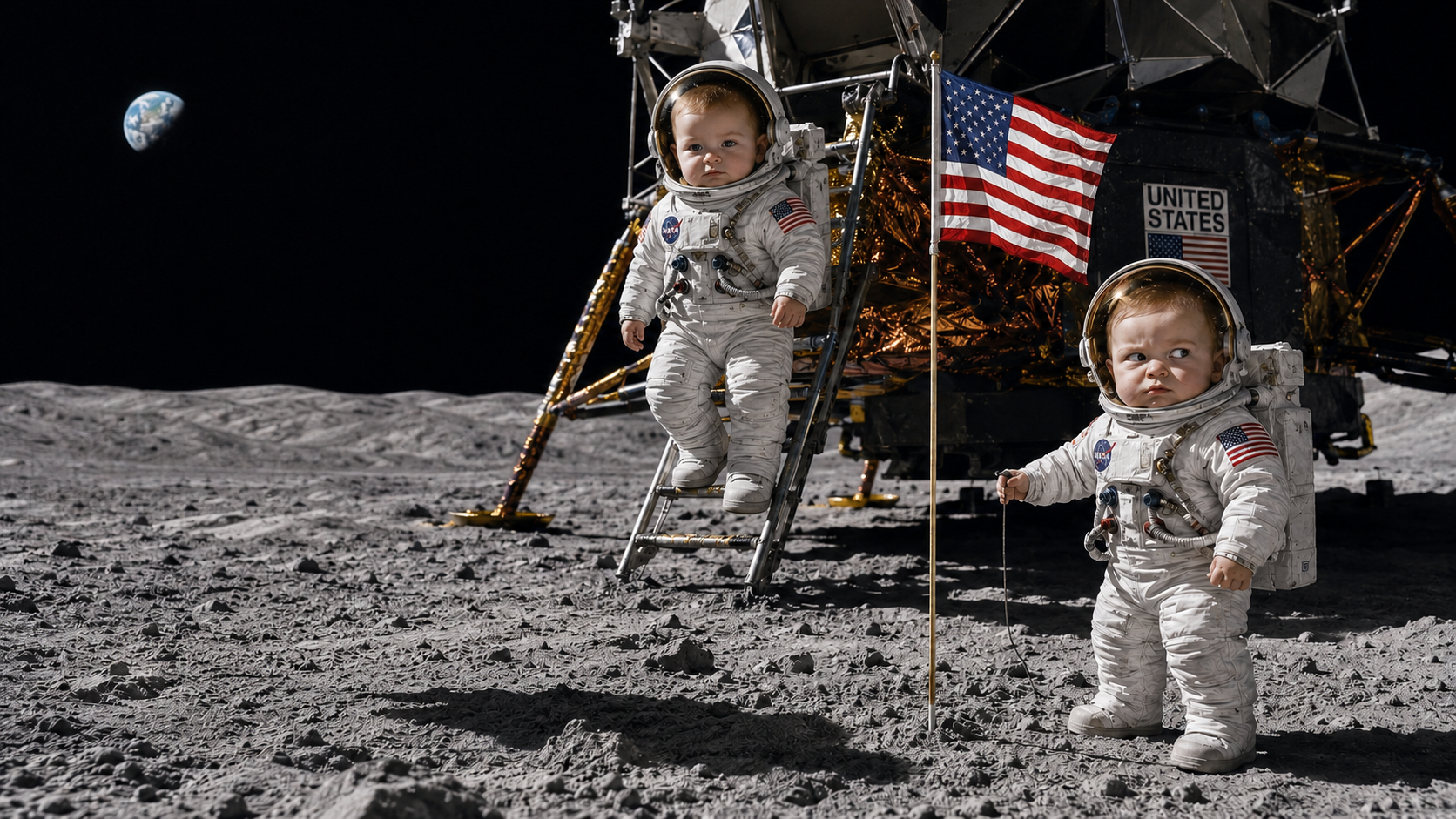 Baby astronauts on the moon beside the lunar module